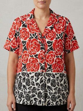 JAMS WORLD "Latona Rose" VTG Short Sleeve Blouse Floral Black/Red/White Women XL